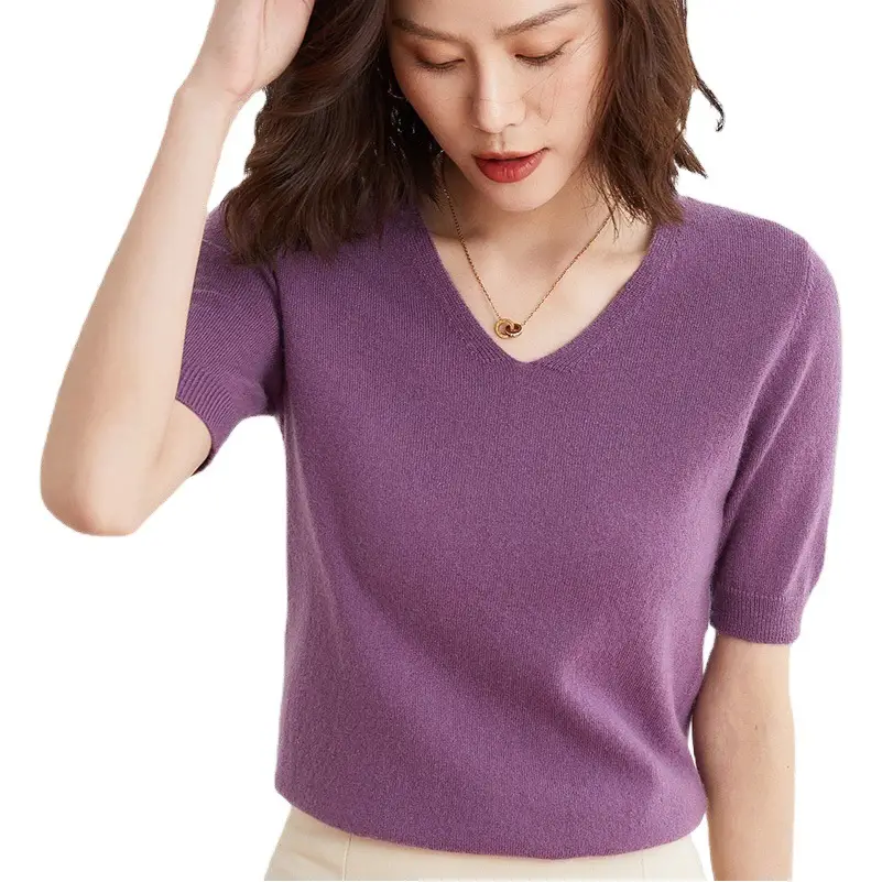 Purple Knitted V-Neck T-Shirt for Women Spring Autumn