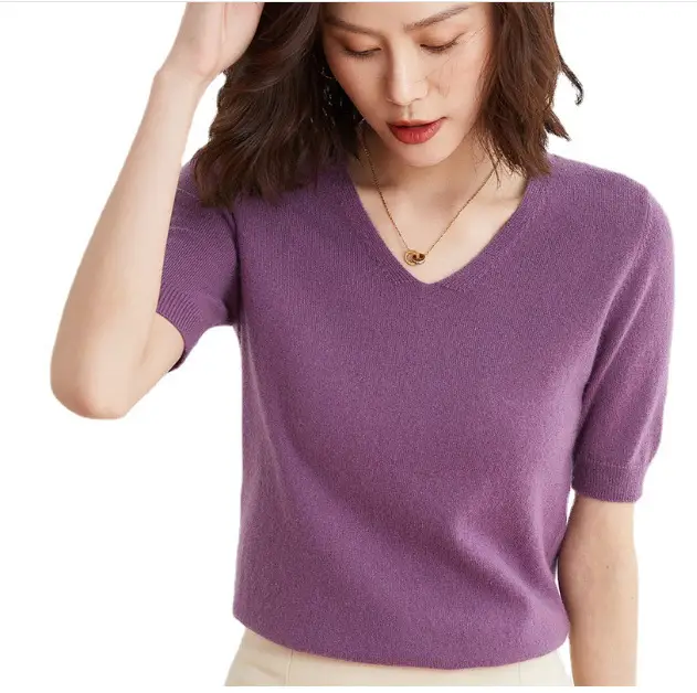 Purple Knitted V-Neck T-Shirt for Women Spring Autumn - Image 14