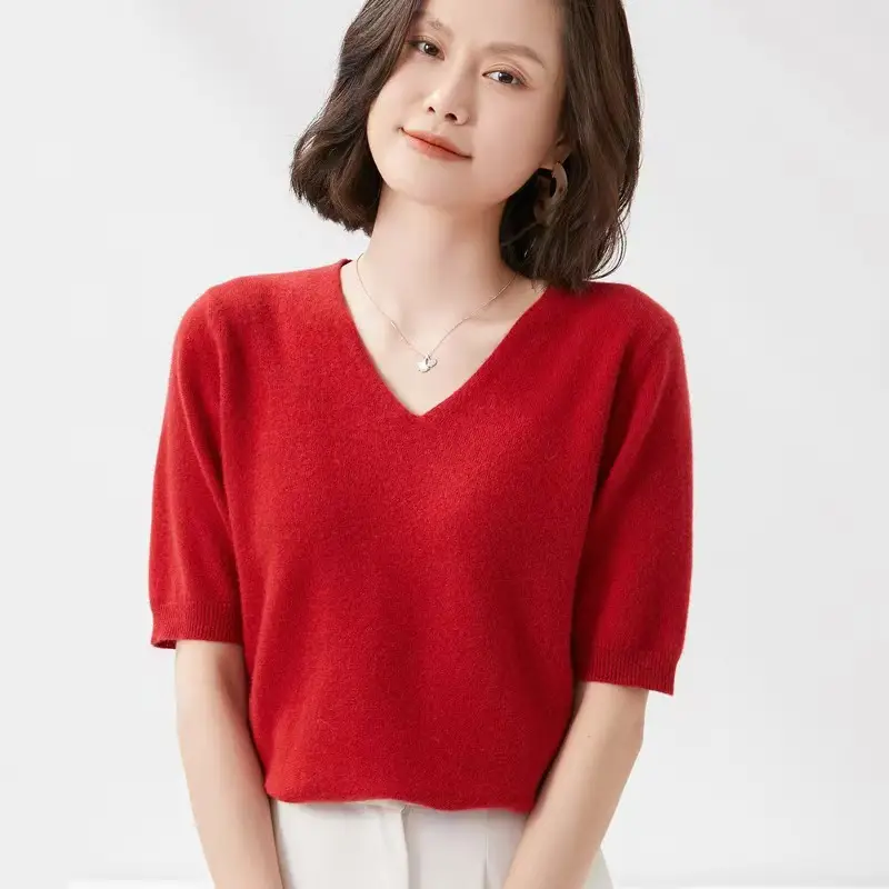 Purple Knitted V-Neck T-Shirt for Women Spring Autumn - Image 16