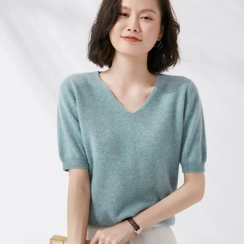Purple Knitted V-Neck T-Shirt for Women Spring Autumn - Image 18