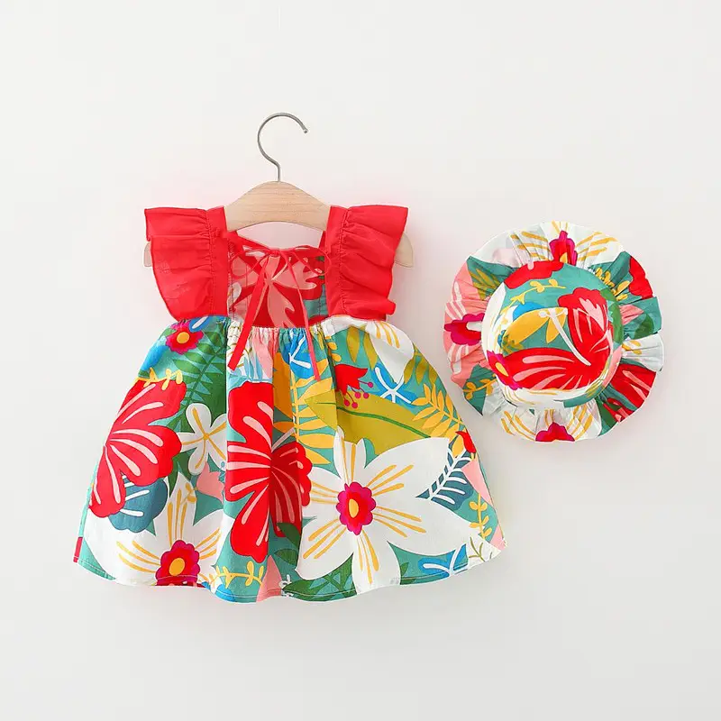 Kids Floral Sleeveless Dress Red Summer Set - Image 4