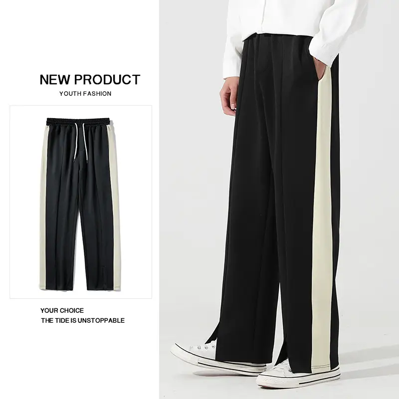 Men's Black Straight Pants with White Stripe 2025