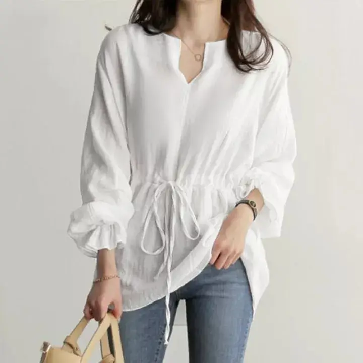 Women's Black Long Sleeve V-Neck Shirt with Drawstring Belt - Image 12
