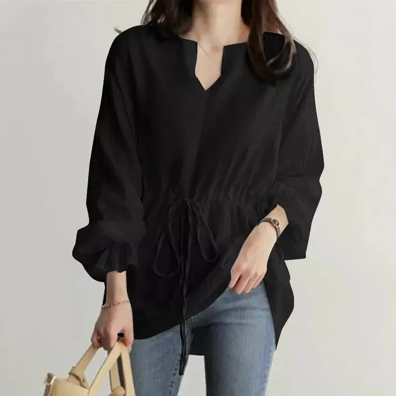 Women's Black Long Sleeve V-Neck Shirt with Drawstring Belt - Image 6