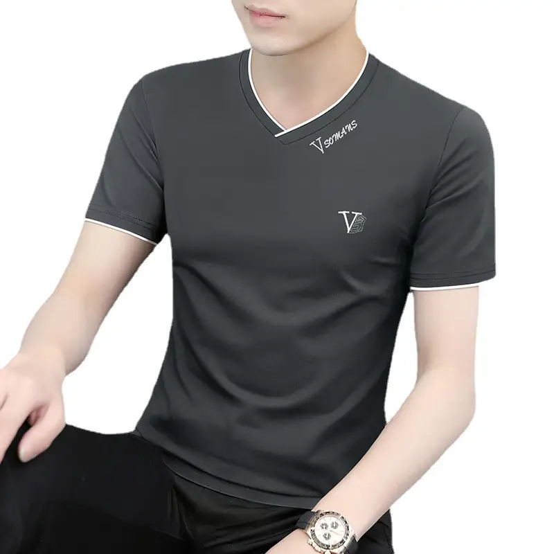 Men V-Neck Ice Silk T-Shirt Navy 50S - Image 15