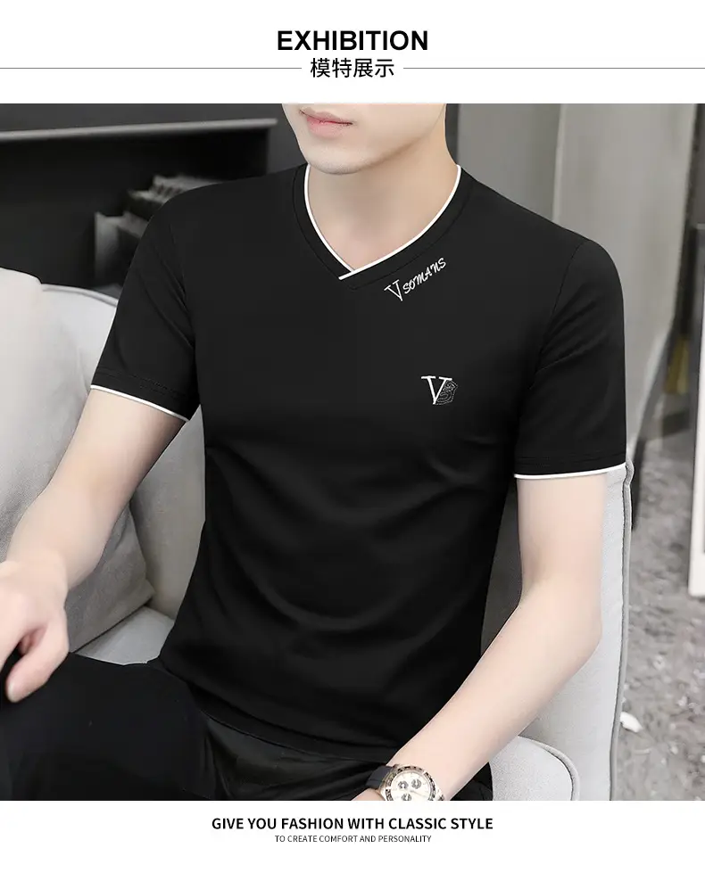 Men V-Neck Ice Silk T-Shirt Navy 50S — feature 13