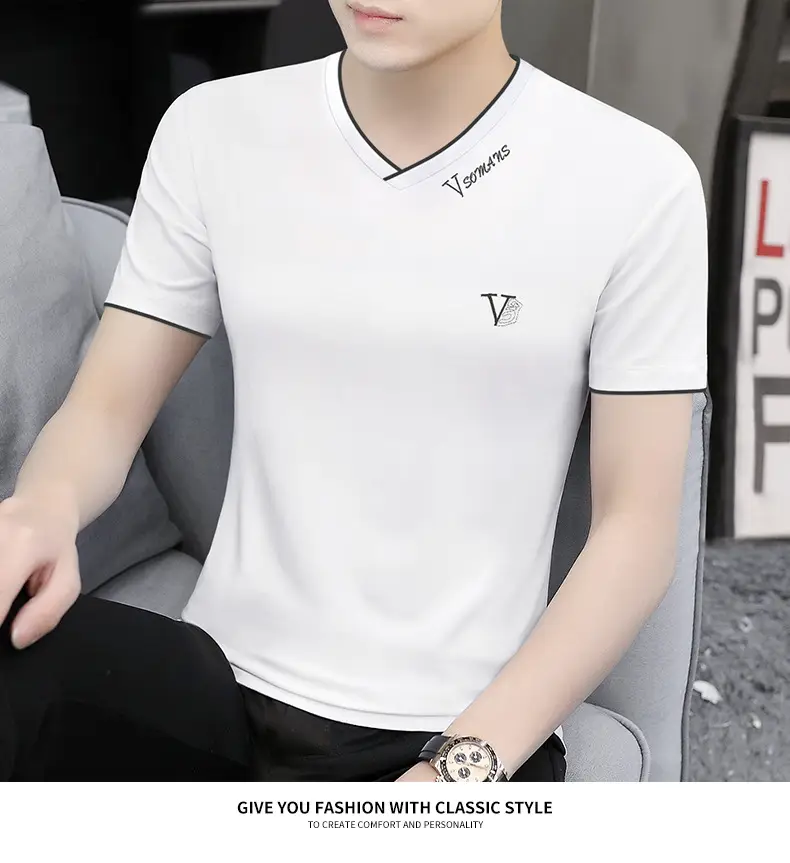 Men V-Neck Ice Silk T-Shirt Navy 50S — feature 14