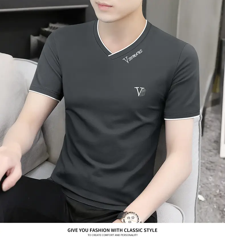 Men V-Neck Ice Silk T-Shirt Navy 50S — feature 15