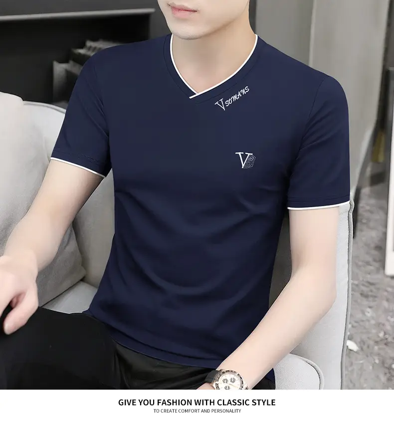Men V-Neck Ice Silk T-Shirt Navy 50S — feature 16