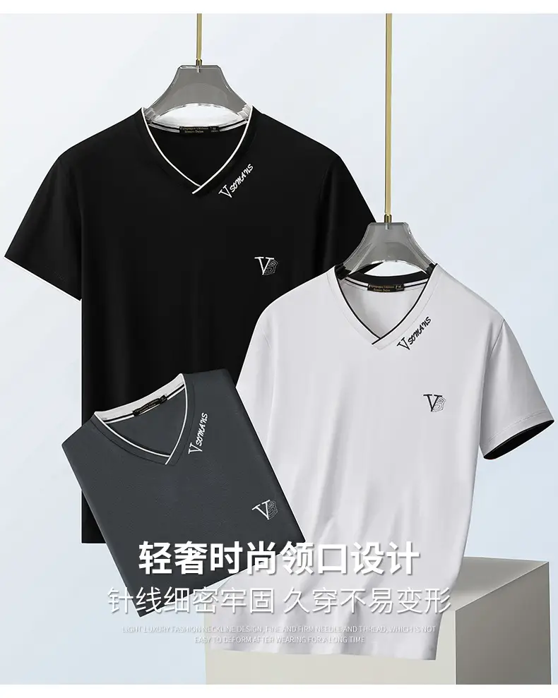 Men V-Neck Ice Silk T-Shirt Navy 50S — feature 8
