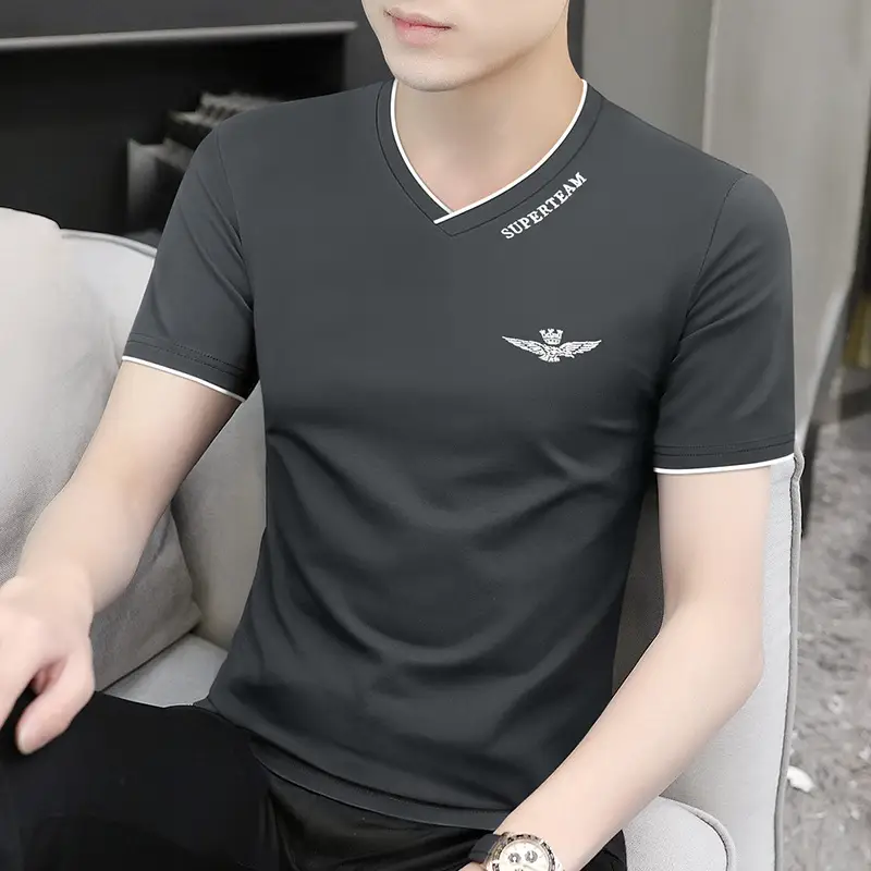 Men V-Neck Ice Silk T-Shirt Navy 50S - Image 10