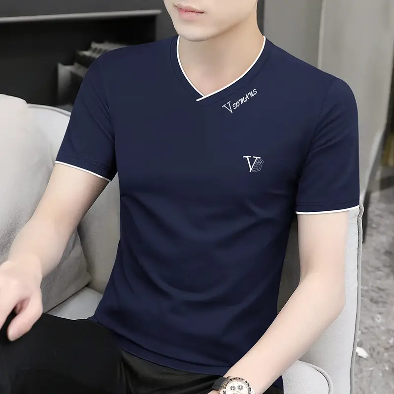 Men V-Neck Ice Silk T-Shirt Navy 50S - Image 3