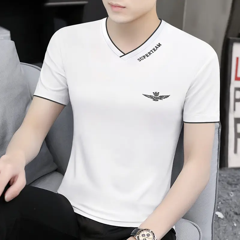 Men V-Neck Ice Silk T-Shirt Navy 50S - Image 7