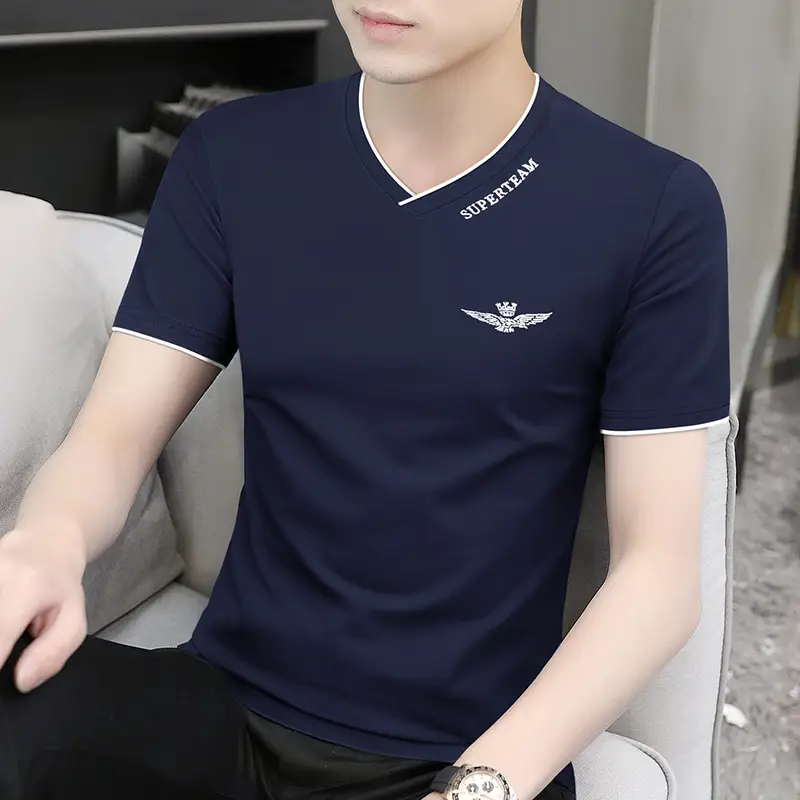 Men V-Neck Ice Silk T-Shirt Navy 50S - Image 8