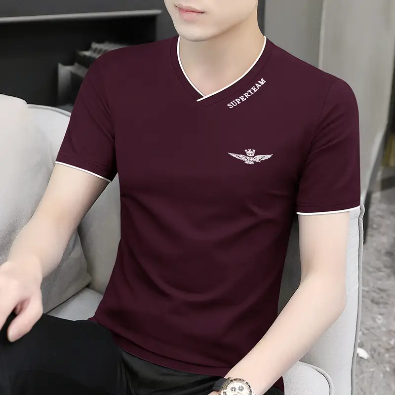 Men V-Neck Ice Silk T-Shirt Navy 50S - Image 9