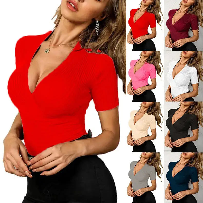 2025 Red Knitted V Neck Women's Top - Image 9