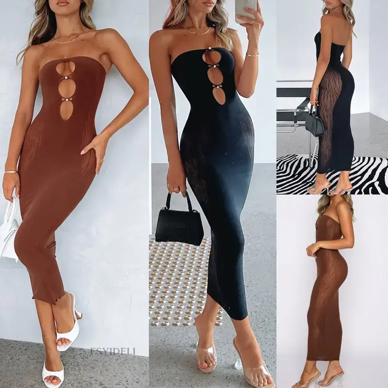 Women Sexy Hollow Strapless Hip Dress Summer Mesh