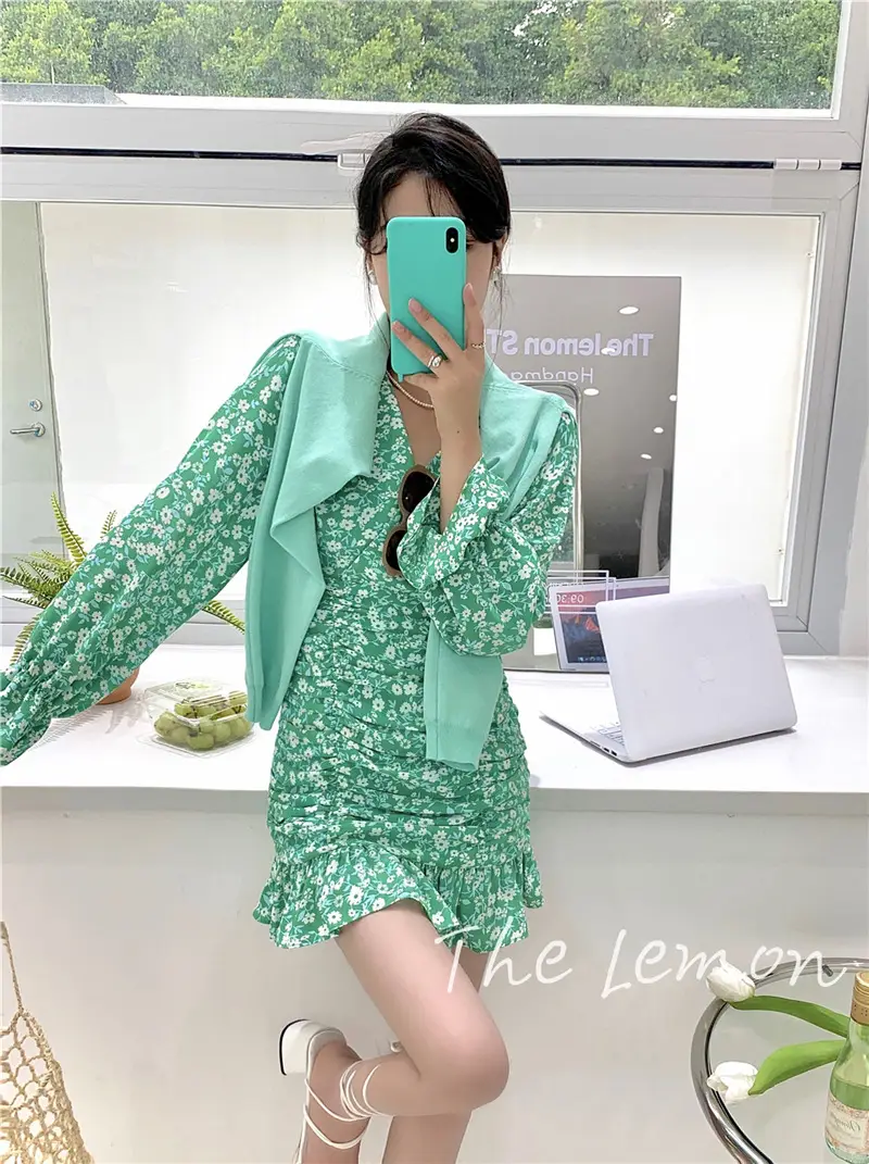 Korean Style Floral Pleated Dress for Women