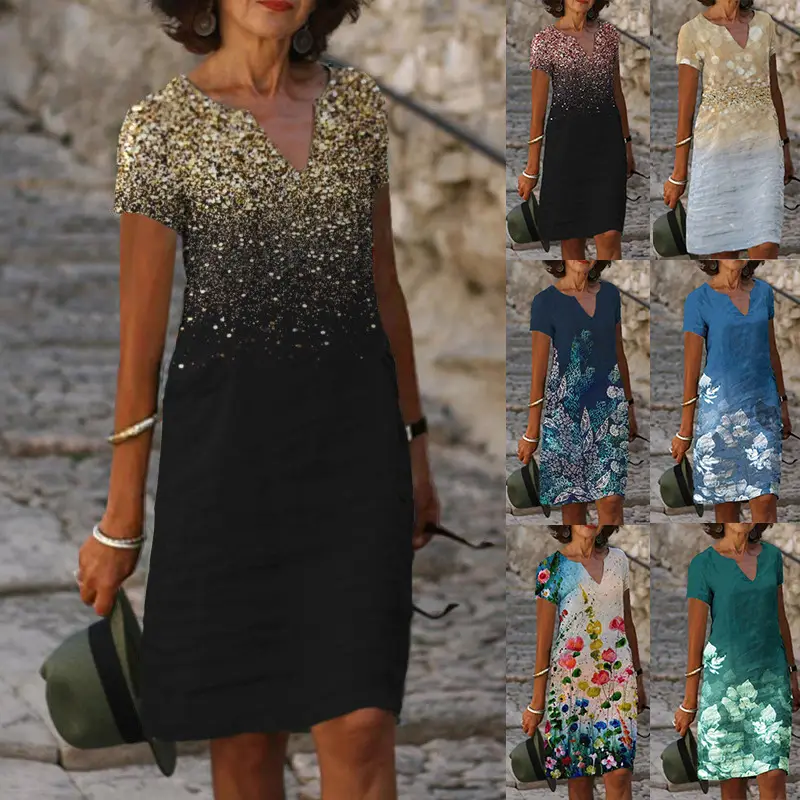 2022 Printed V-Neck Short Sleeve Dress Blue Floral