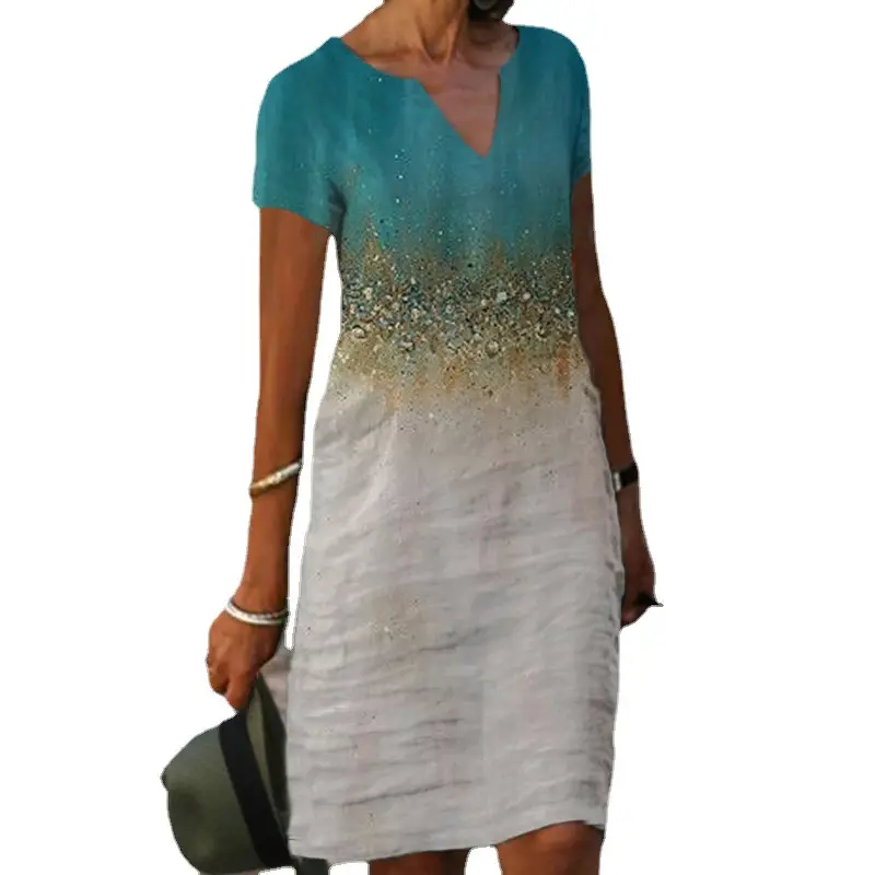 2022 Printed V-Neck Short Sleeve Dress Blue Floral - Image 18