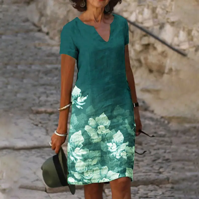 2022 Printed V-Neck Short Sleeve Dress Blue Floral - Image 7