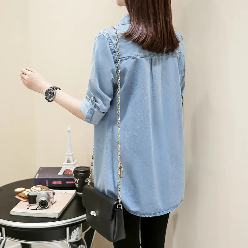 Women Denim Shirt Long Sleeve Blue Autumn Base Large - Image 4