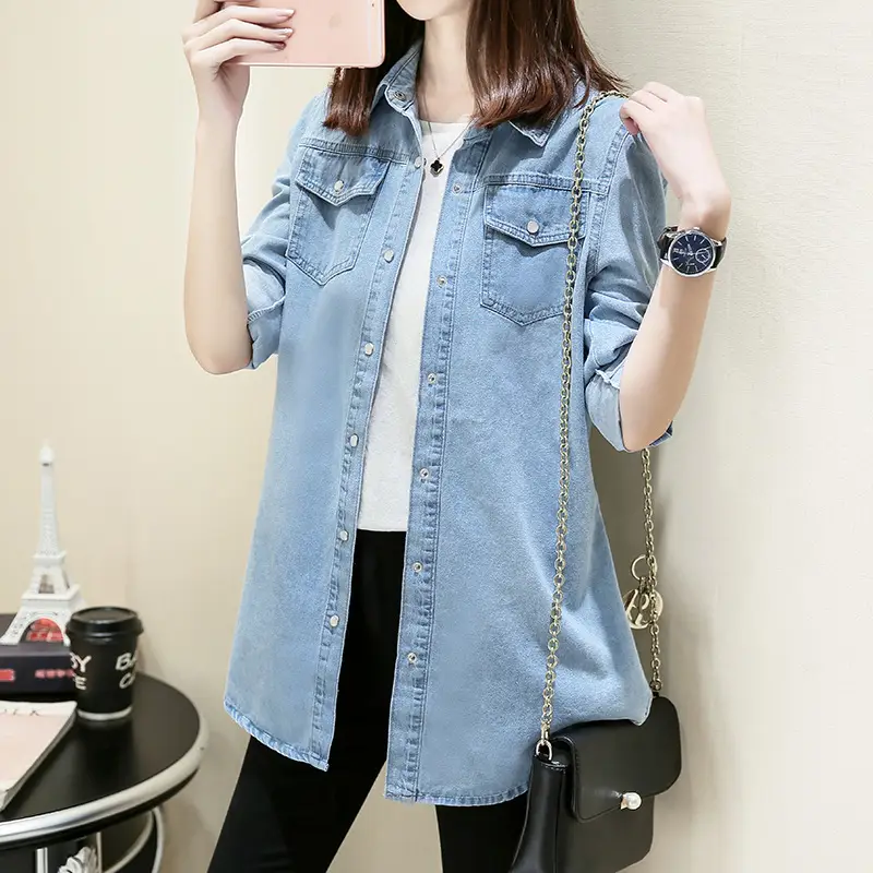 Women Denim Shirt Long Sleeve Blue Autumn Base Large - Image 5