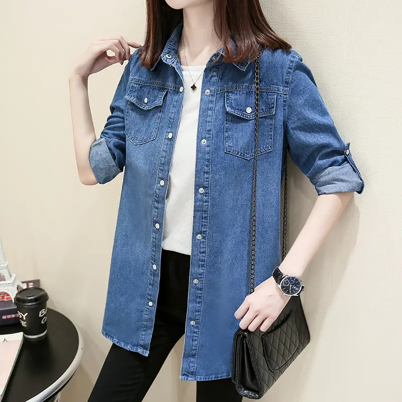 Women Denim Shirt Long Sleeve Blue Autumn Base Large - Image 6