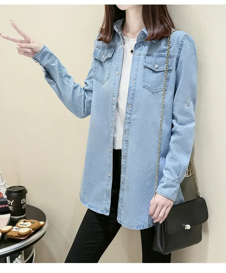 Women Denim Shirt Long Sleeve Blue Autumn Base Large — feature 13