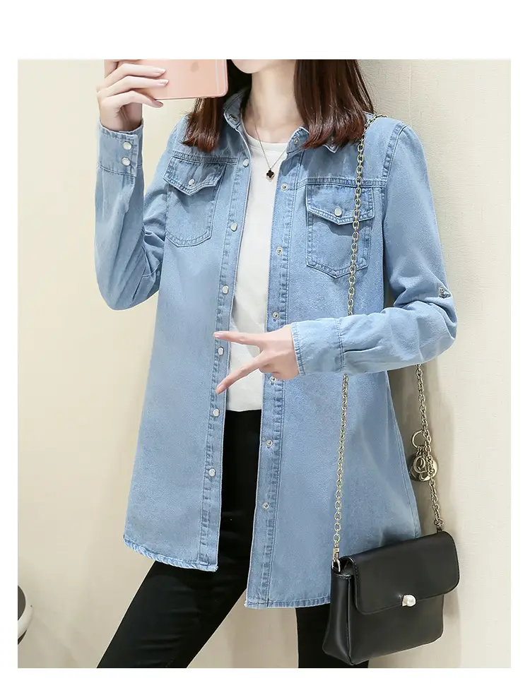 Women Denim Shirt Long Sleeve Blue Autumn Base Large — feature 14
