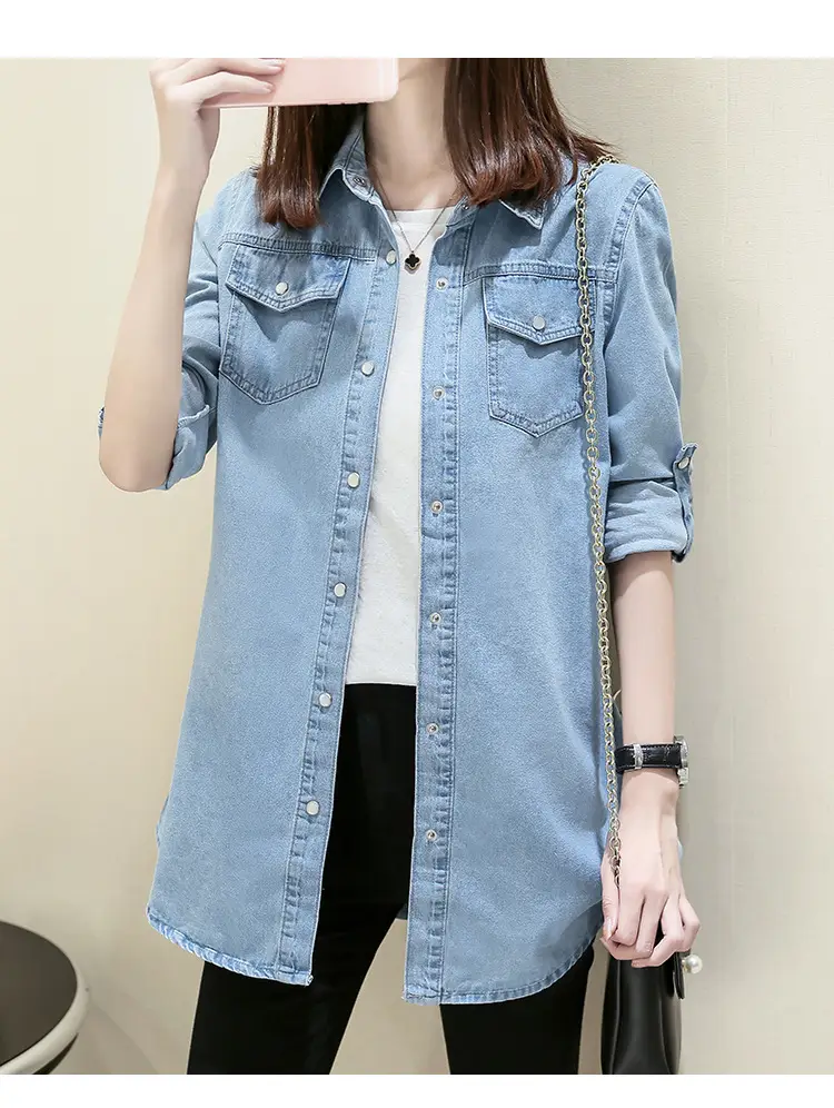 Women Denim Shirt Long Sleeve Blue Autumn Base Large — feature 15