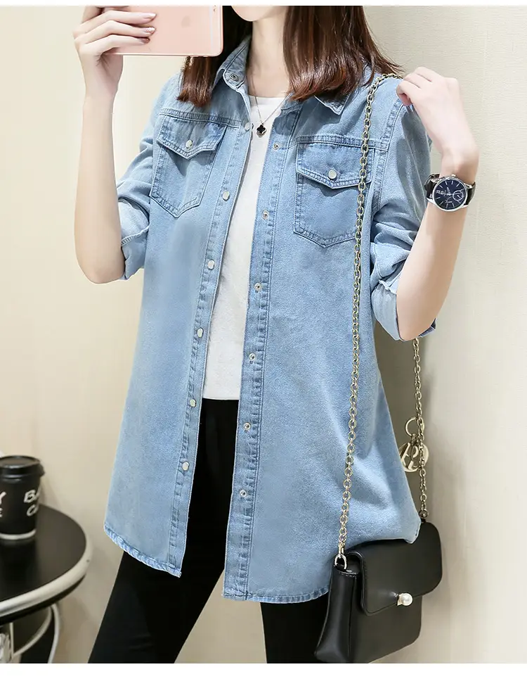 Women Denim Shirt Long Sleeve Blue Autumn Base Large — feature 16