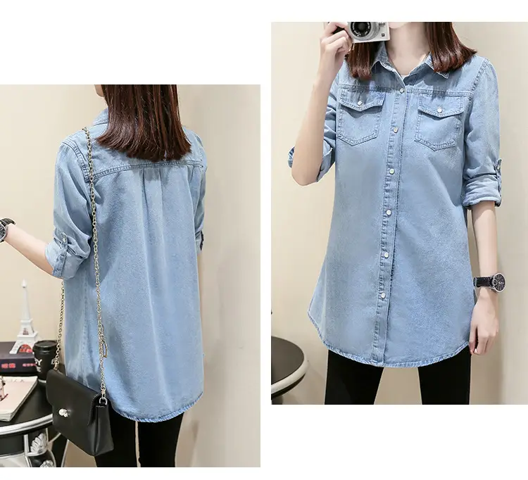 Women Denim Shirt Long Sleeve Blue Autumn Base Large — feature 17