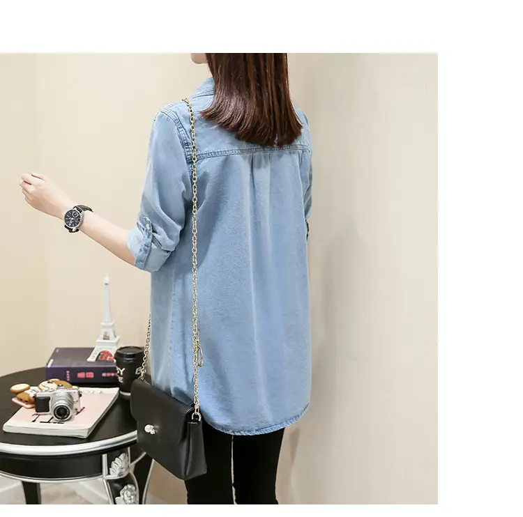 Women Denim Shirt Long Sleeve Blue Autumn Base Large — feature 18