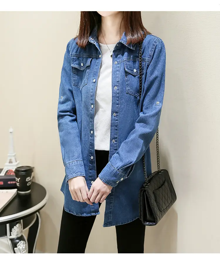 Women Denim Shirt Long Sleeve Blue Autumn Base Large — feature 19