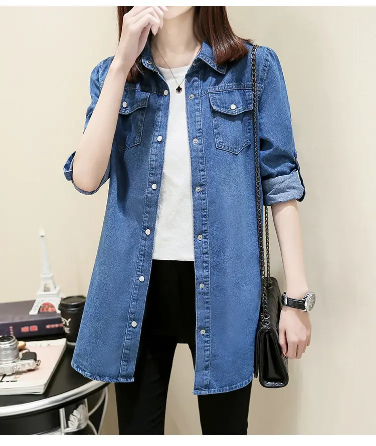 Women Denim Shirt Long Sleeve Blue Autumn Base Large — feature 20