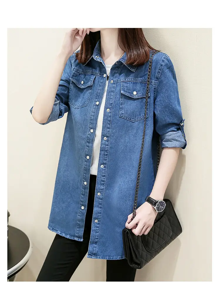 Women Denim Shirt Long Sleeve Blue Autumn Base Large — feature 21