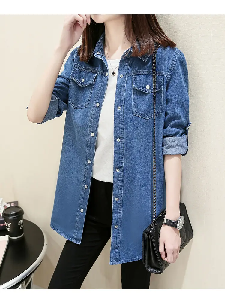 Women Denim Shirt Long Sleeve Blue Autumn Base Large — feature 22