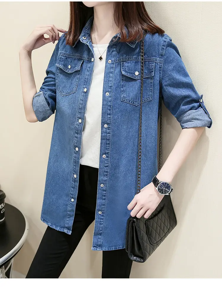 Women Denim Shirt Long Sleeve Blue Autumn Base Large — feature 23