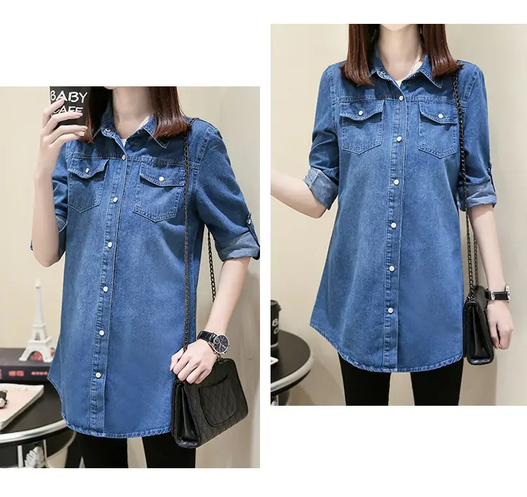 Women Denim Shirt Long Sleeve Blue Autumn Base Large — feature 24