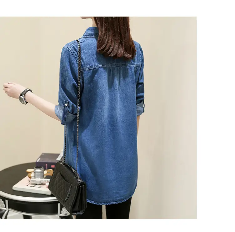 Women Denim Shirt Long Sleeve Blue Autumn Base Large — feature 25