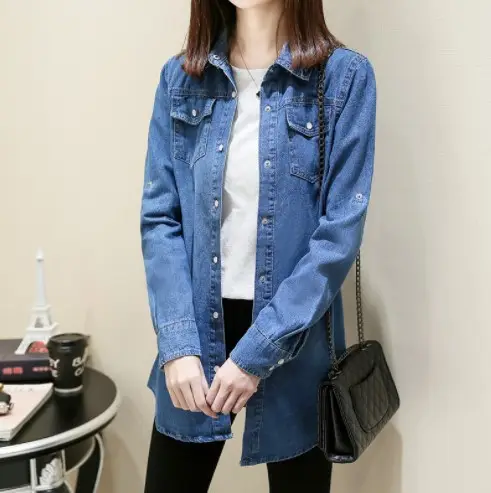 Women Denim Shirt Long Sleeve Blue Autumn Base Large - Image 2