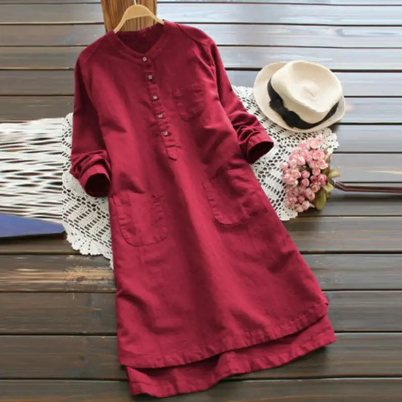 Women Button Collar Asymmetrical Long Shirt Maroon - Image 5