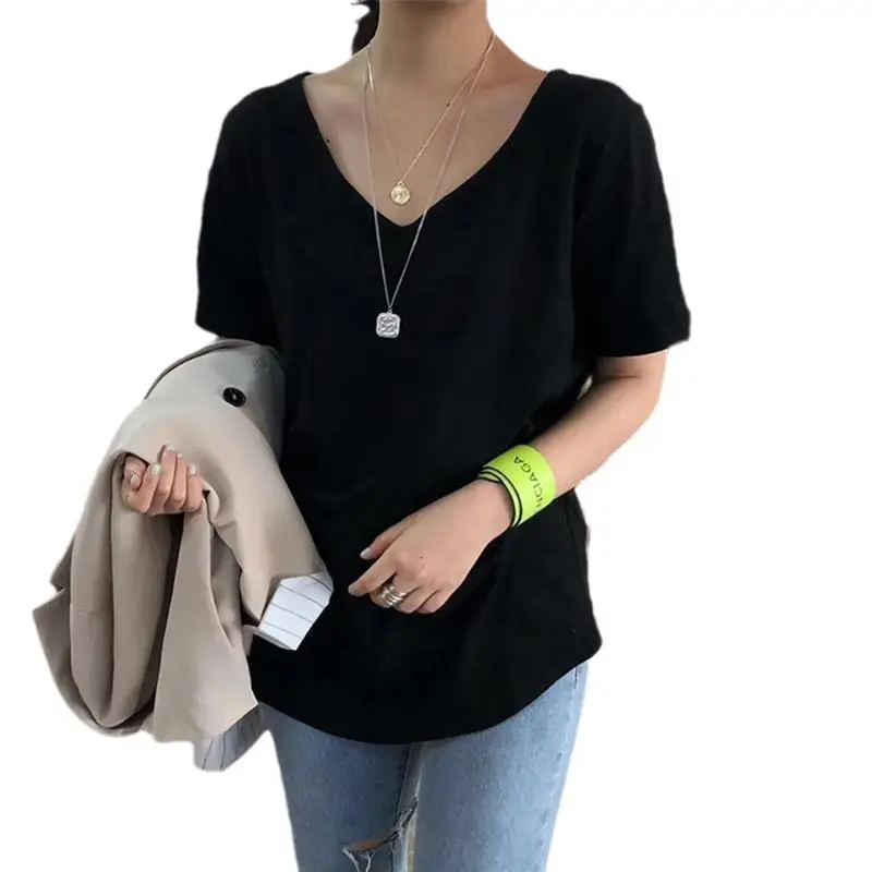 2024 Women's Black V-Neck Short Sleeve T-Shirt - Image 6