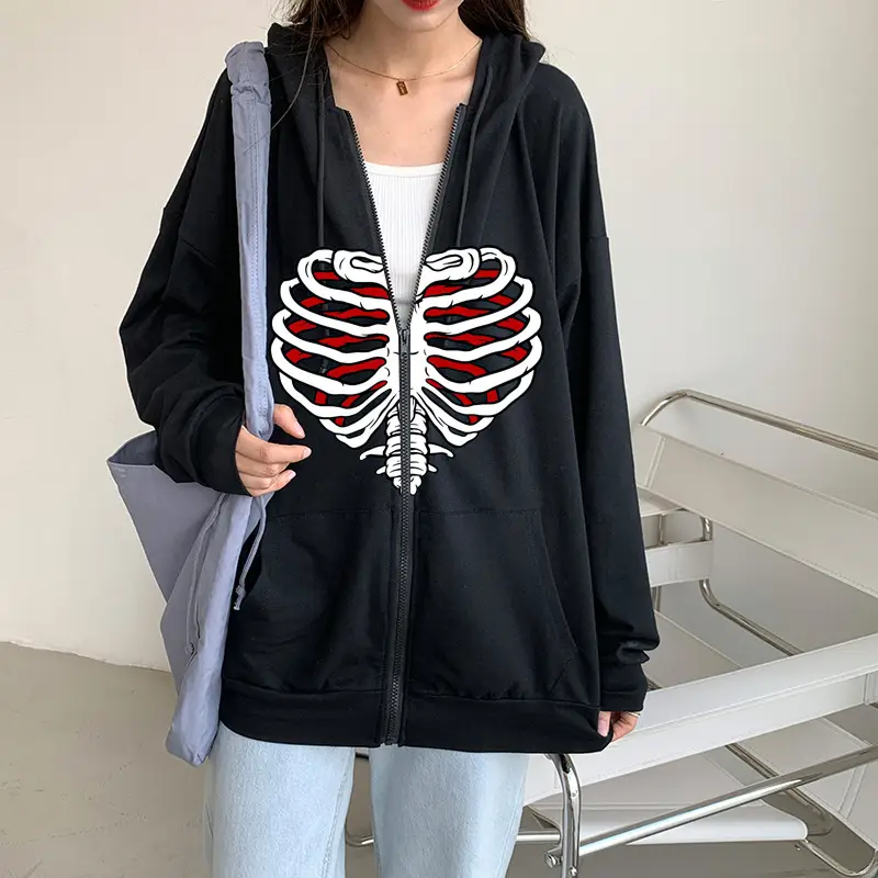 Men's Grey Heart Skull Zipper Hoodie Velvet Padded - Image 7
