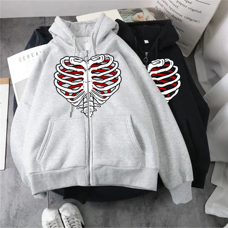 Men's Grey Heart Skull Zipper Hoodie Velvet Padded - Image 3
