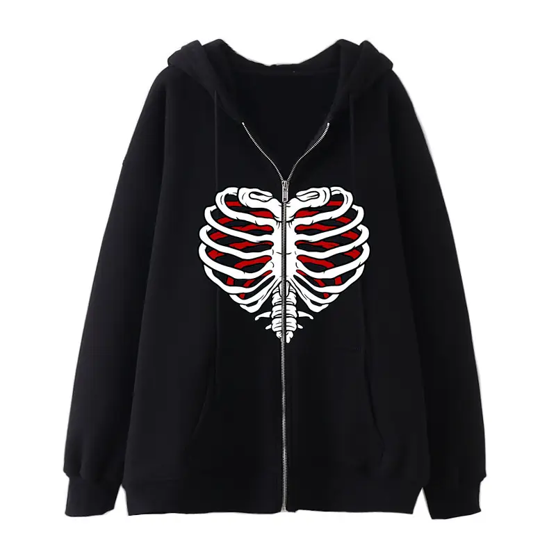 Men's Grey Heart Skull Zipper Hoodie Velvet Padded - Image 8