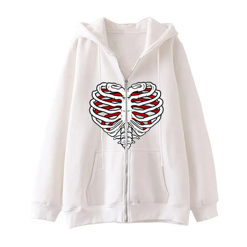 Men's Grey Heart Skull Zipper Hoodie Velvet Padded - Image 9