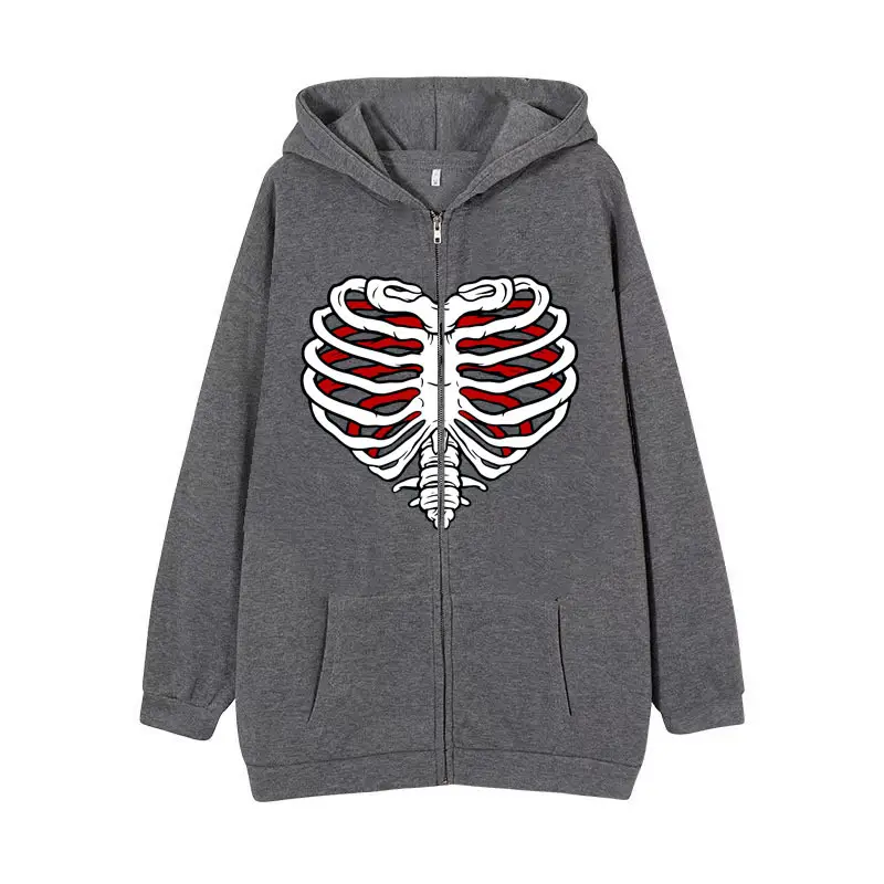 Men's Grey Heart Skull Zipper Hoodie Velvet Padded - Image 10