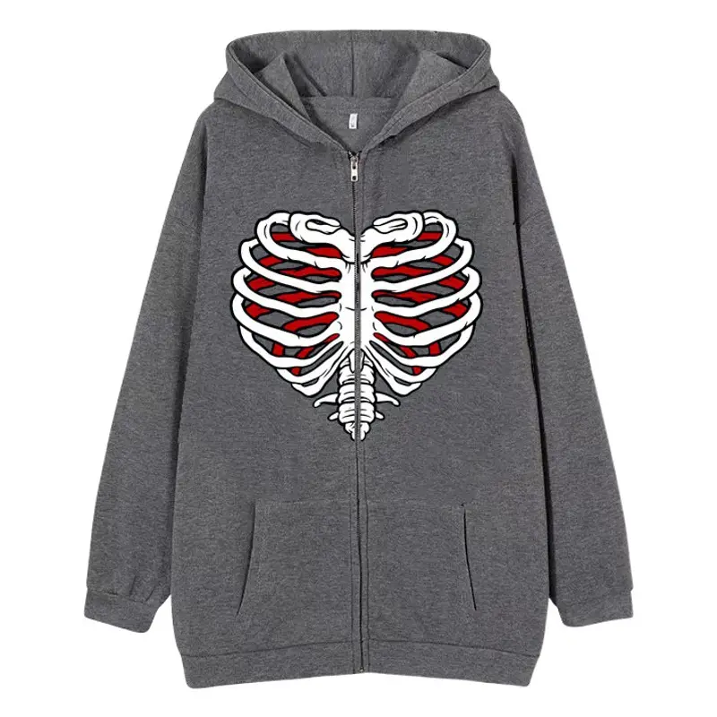 Men's Grey Heart Skull Zipper Hoodie Velvet Padded